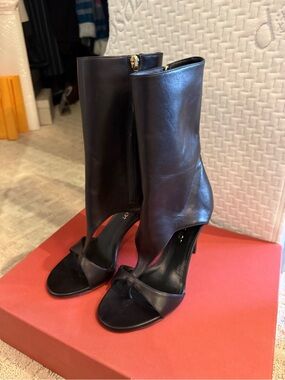 Tamara Mellon Black Open-Toe Leather High-Heel Booties